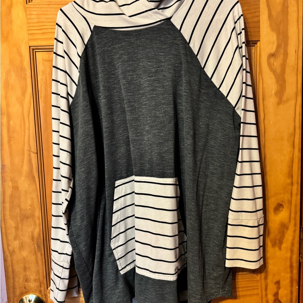 LuLaRoe Gray and Cream Striped Hoodie